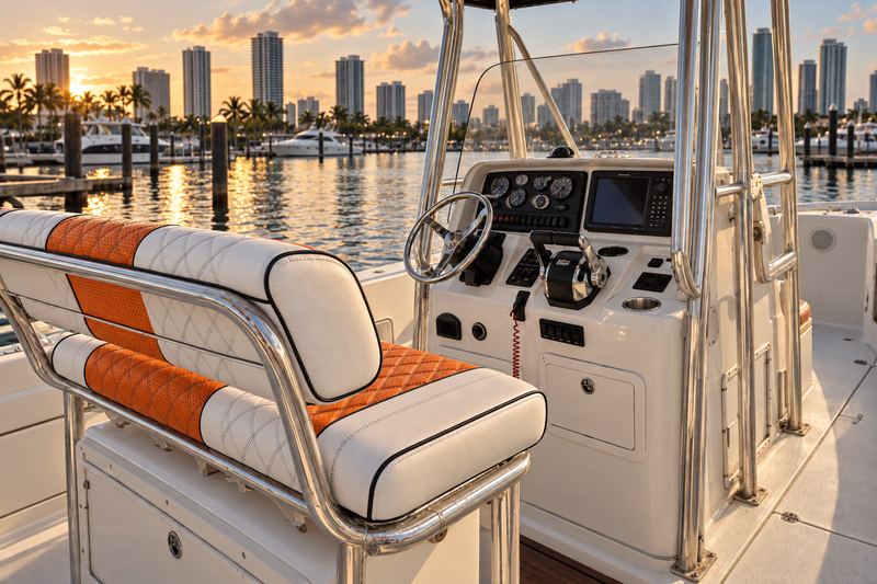 Yacht cockpit seating in orange perforated leather with cream piping
