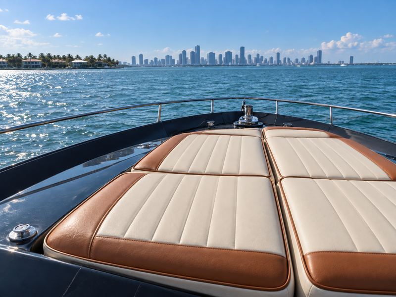 The same bow sunpad in cream and cognac two-tone leather with channel stitching