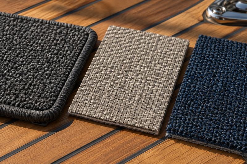 Snap-in cut pile carpet, woven vinyl and carpet from the roll side by side