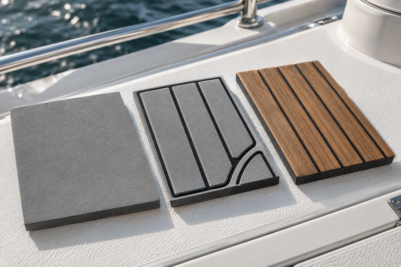 A plain EVA foam sheet, a precut kit piece and a grooved tread side by side