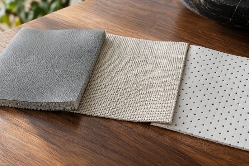 Foam-backed, fabric and perforated headliner samples side by side