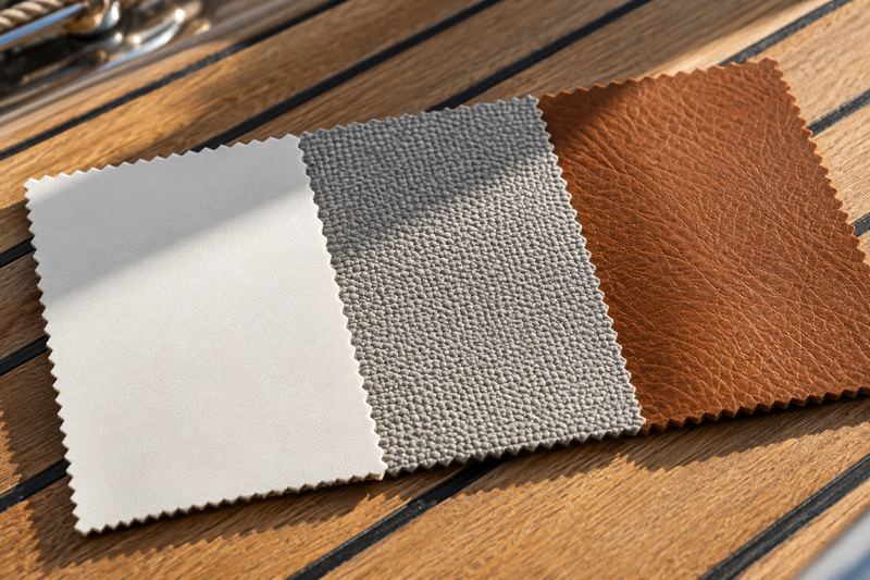 Three marine vinyl swatches on teak in plain white, textured light grey and cognac leather-look