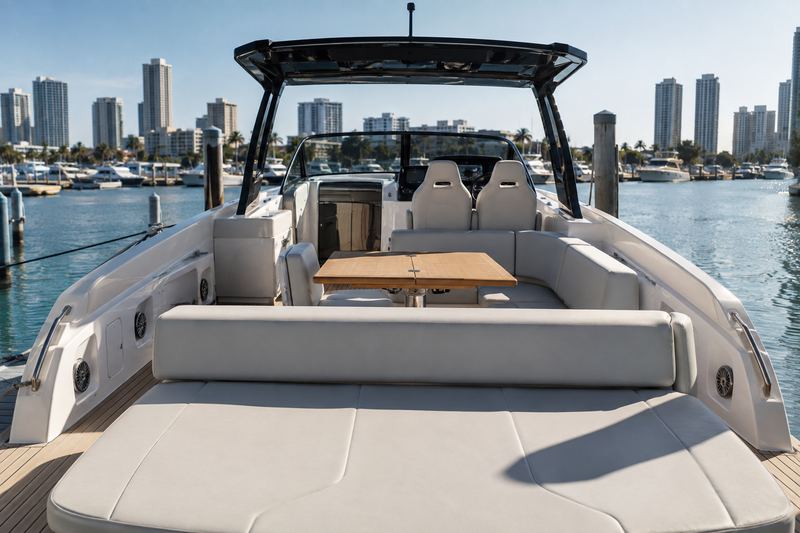 38 ft day boat with its stock silver-white interior