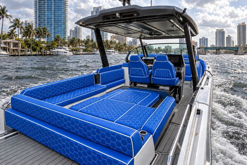 Boat interior in acid lime marine vinyl with graphite diamond quilting