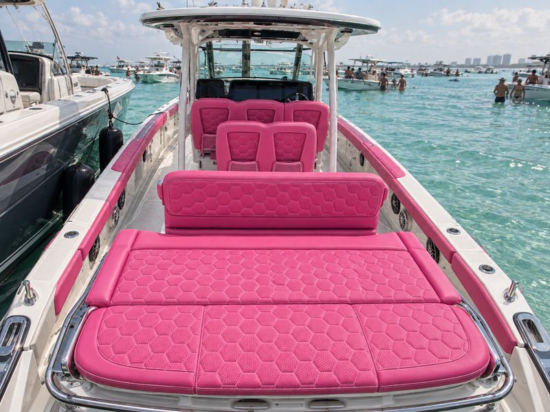 Boat interior in acid lime marine vinyl with graphite diamond quilting