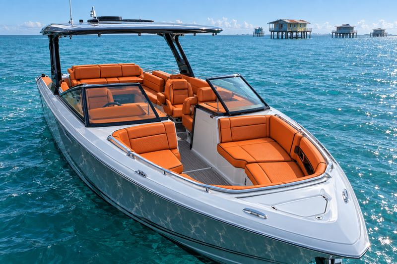 Boat interior in acid lime marine vinyl with graphite diamond quilting