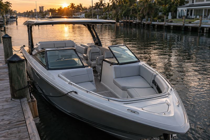27 ft bowrider with its stock light grey interior