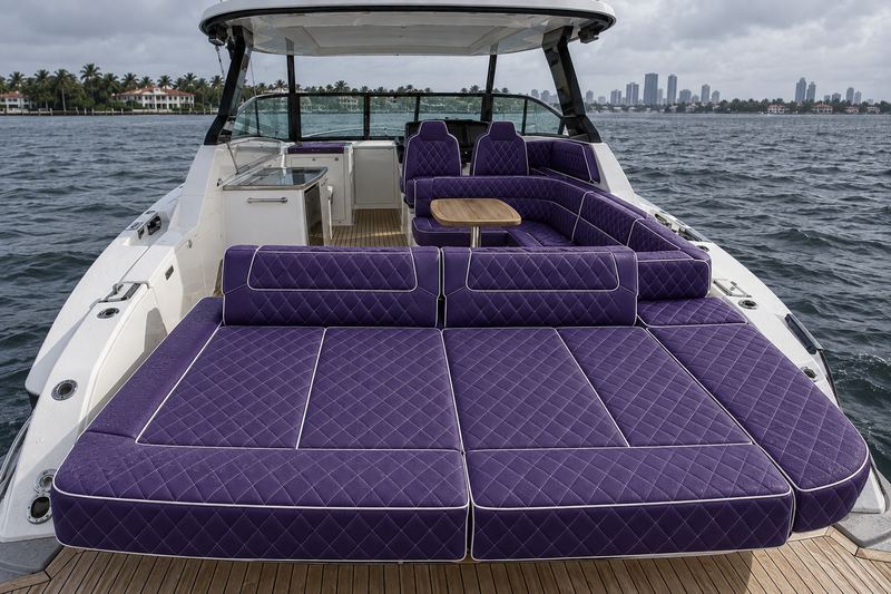 Boat interior in acid lime marine vinyl with graphite diamond quilting