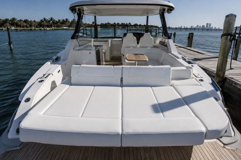 33 ft sport boat with its stock white interior