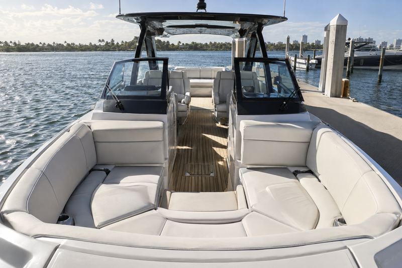 35 ft sport boat with its stock off-white interior