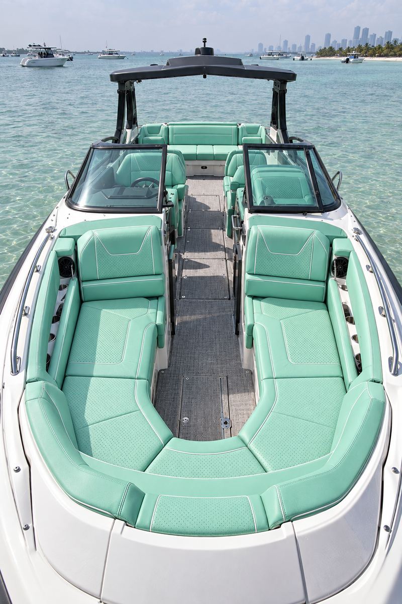 35 ft bowrider re-covered in mint, perforated inserts in a hex border