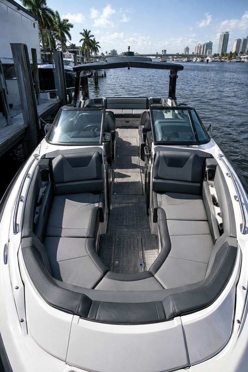 35 ft bowrider with its stock slate grey interior