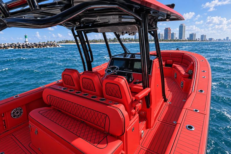37 ft center console re-covered in full red with red foam decking, double diamond quilting