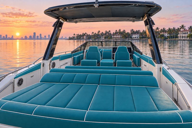 40 ft sport open re-covered in teal, wide channel quilting