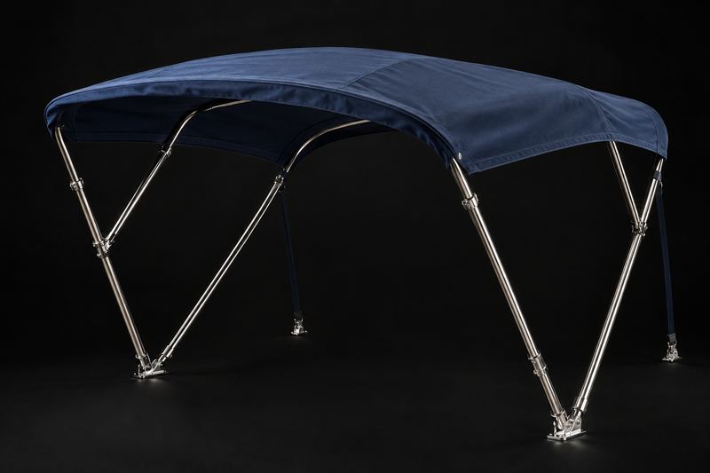 Navy Sunbrella bimini top on a stainless frame