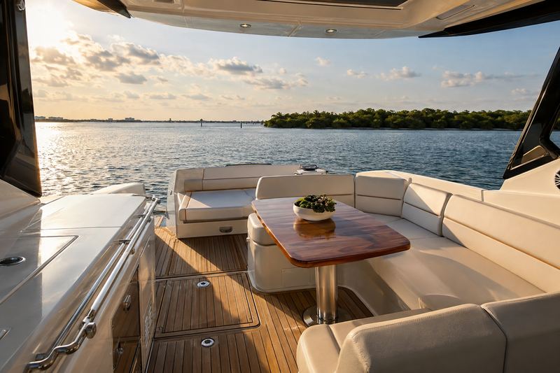 White cockpit lounge around a teak table