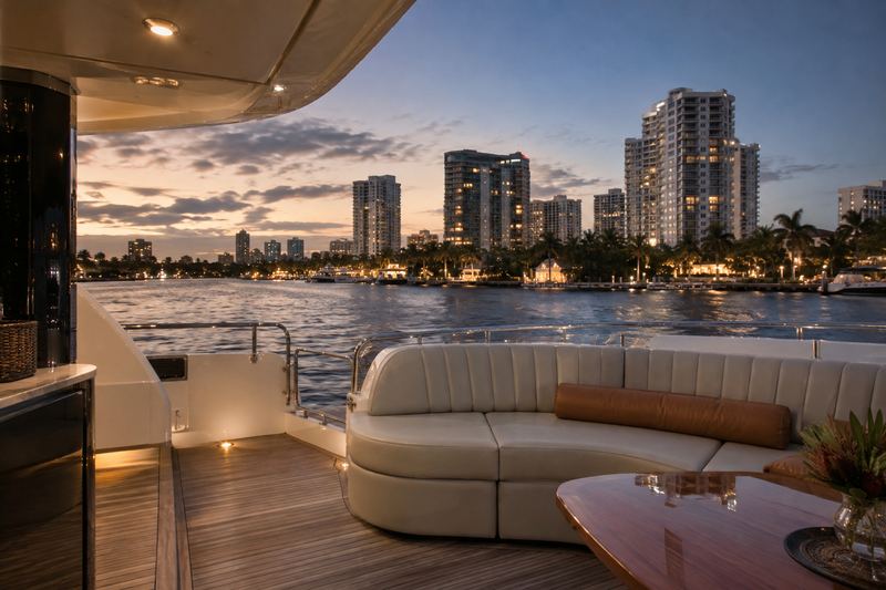 Aft deck sofa with a cognac bolster