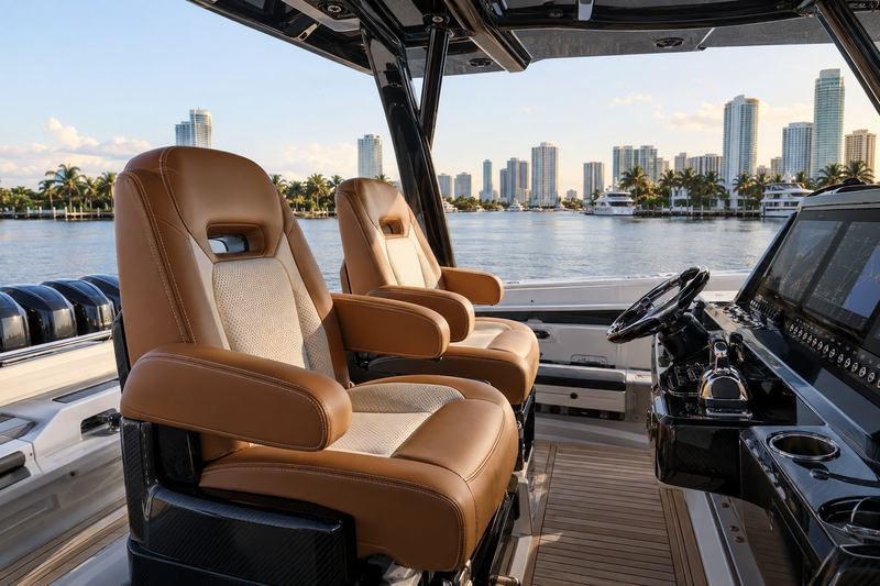 Yacht cockpit seating in orange perforated leather with cream piping