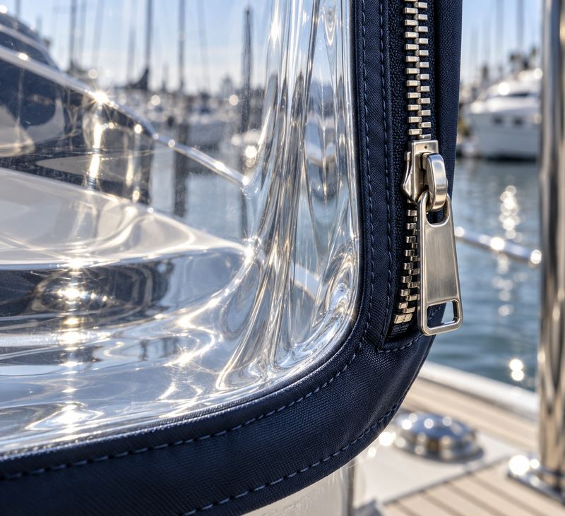 Edge of a clear marine vinyl panel with navy binding and a stainless zipper