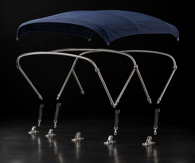 Exploded view of a bimini top with navy acrylic canvas, stainless three-bow frame, deck hinges and straps