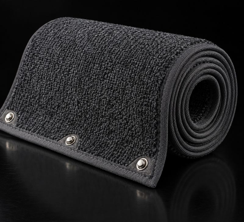 Roll of charcoal snap-in marine carpet with a bound edge and stainless snaps