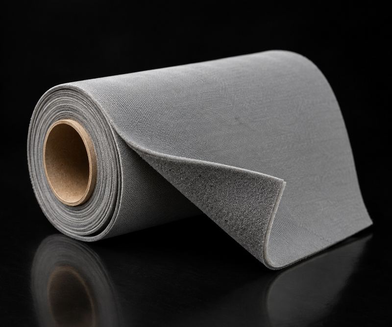 Roll of light grey foam-backed headliner fabric with a corner peeled back