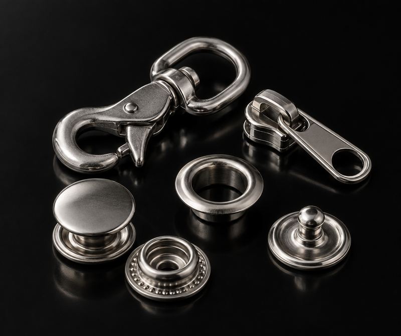 Stainless marine snaps on a workbench
