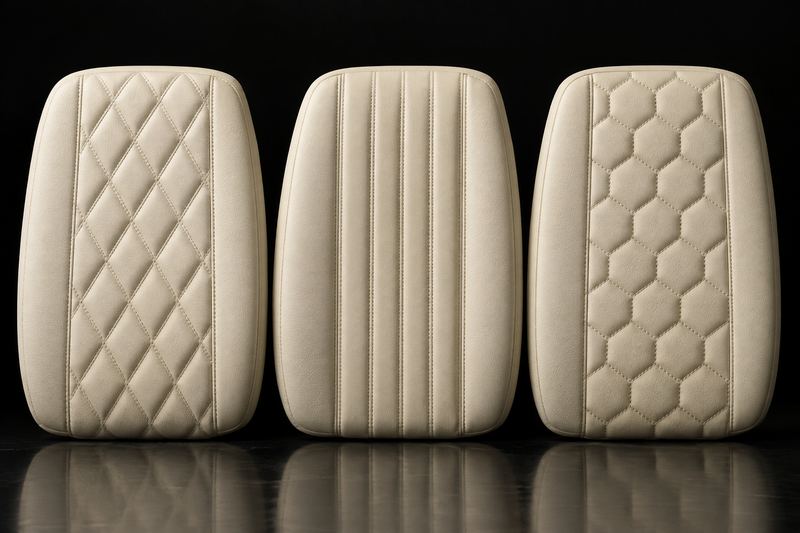 Three cream vinyl panels side by side with diamond, channel and hexagon stitching