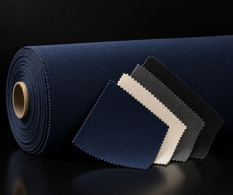 Bolt of navy Sunbrella acrylic canvas with a fan of navy, cream, charcoal and black swatches