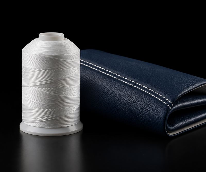 Spool of white PTFE thread beside navy vinyl with a double-needle seam