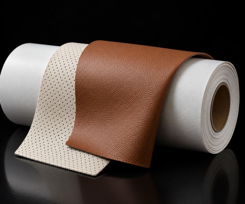 Roll of white marine vinyl with a cream perforated swatch and a cognac swatch