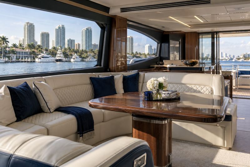 Yacht cockpit seating in orange perforated leather with cream piping