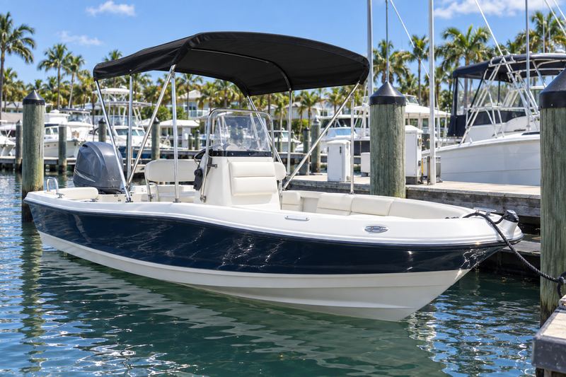 22 ft bay boat, new black Sunbrella bimini