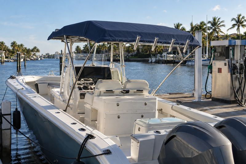 36 ft center console, new navy Sunbrella bimini