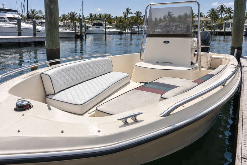 22 ft bay boat, new bow cushions in white with grey diamond quilting