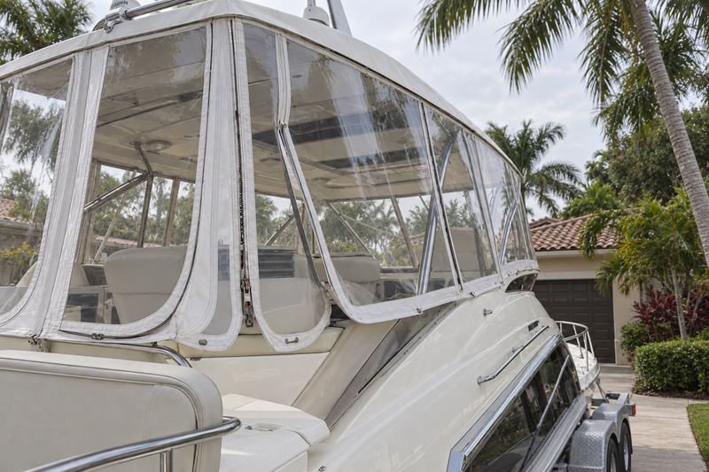 52 ft yacht, new flybridge enclosure with white trim