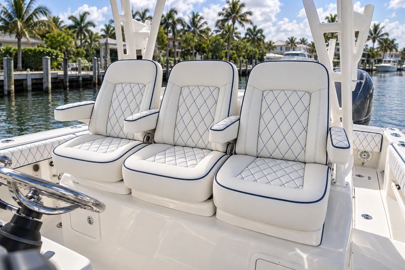 42 ft center console, new triple helm chairs in white leather with navy diamond stitching