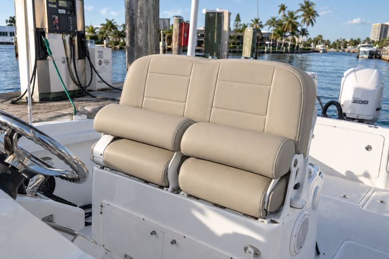 30 ft bay boat, new helm bench in sand with white channel stitching