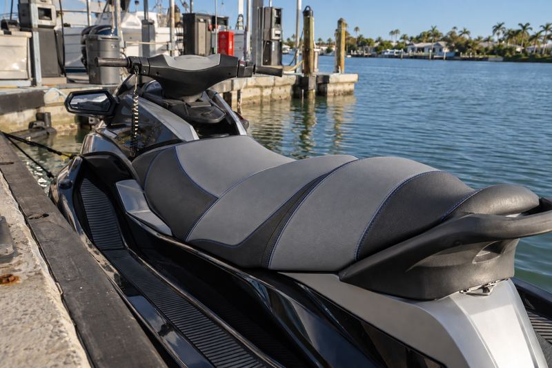 Jet ski on a lift, new seat in grey and black with blue stitching