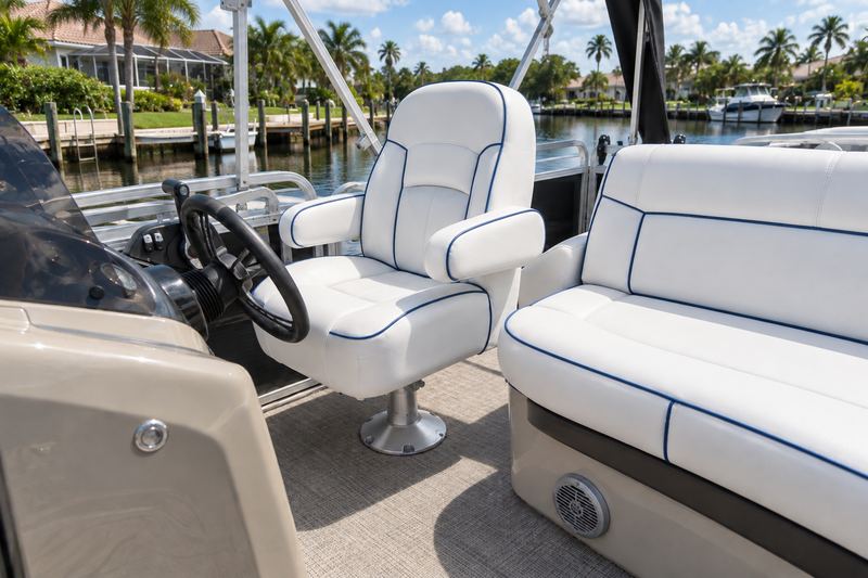 24 ft pontoon, new helm seat and bench in white with navy piping