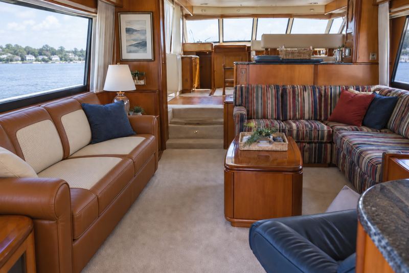 55 ft motor yacht, new salon sofas in cognac leather