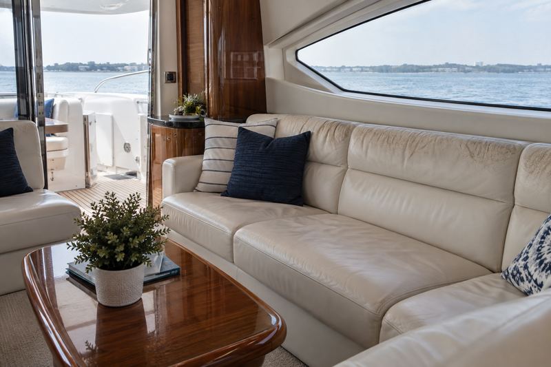 Motor yacht salon, worn cream leather sofa