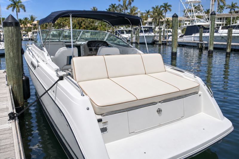 34 ft sport boat, new aft sunpad in cream with cognac piping