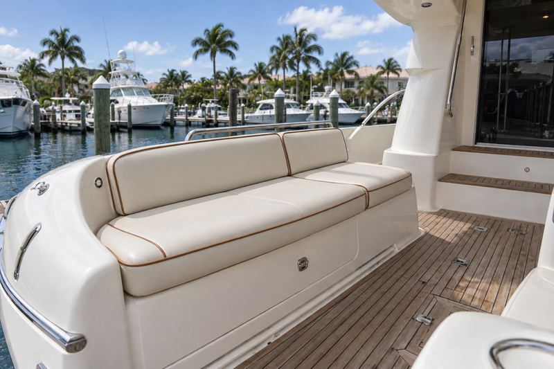 58 ft motor yacht, new aft deck settee in cream with cognac piping
