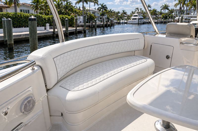 62 ft yacht, new flybridge settee in ice white with hex quilting