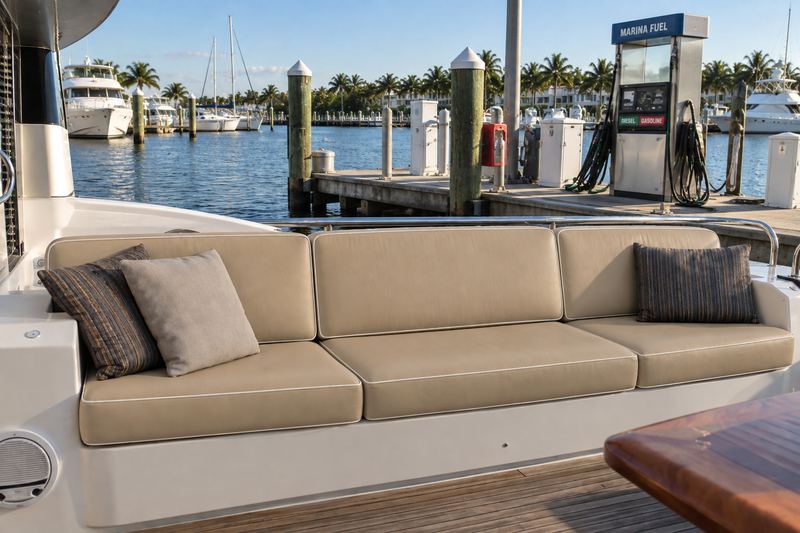 70 ft motor yacht, new aft deck sofa in sand leather
